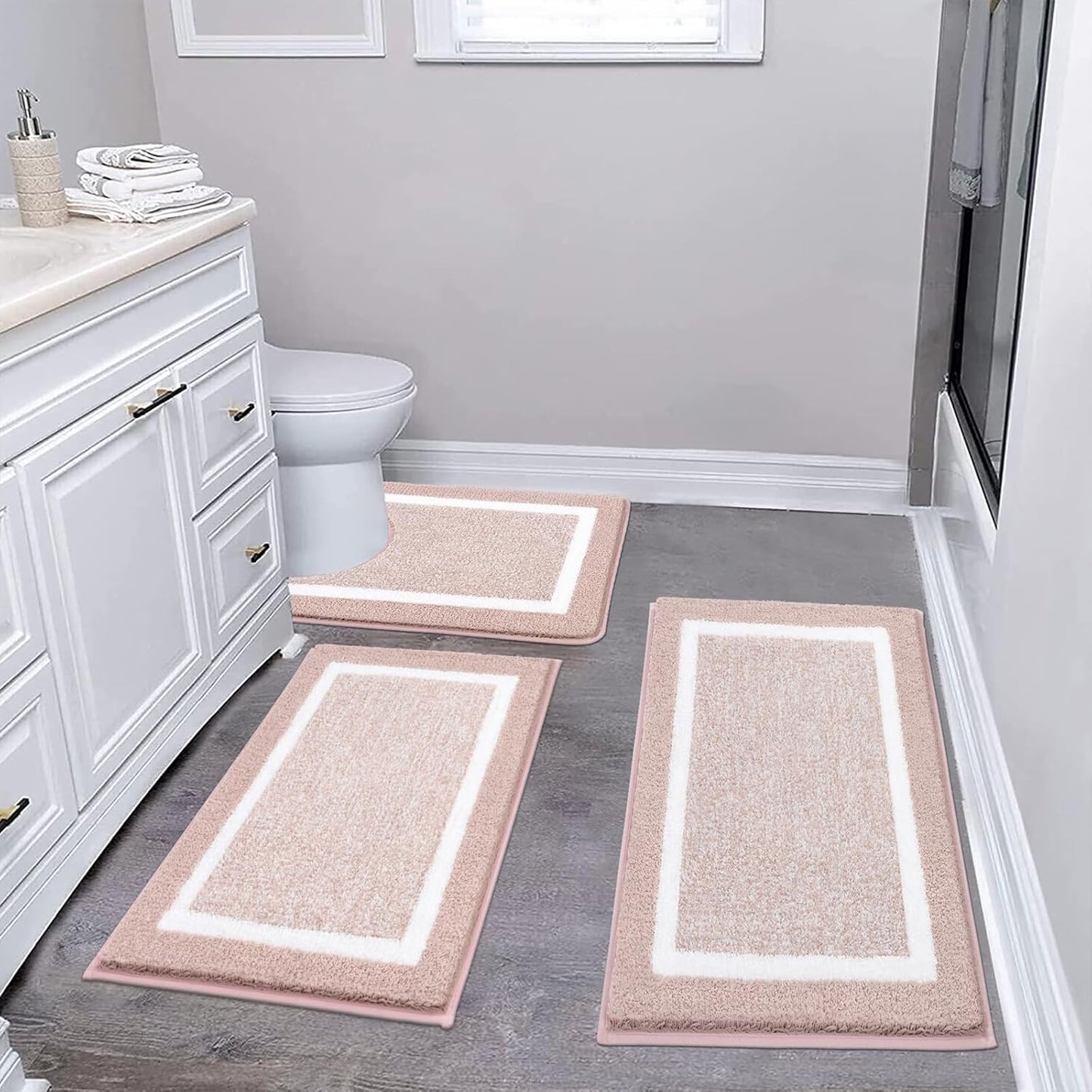 Pauwer Bathroom Rug Mat Set 3 Piece, Microfiber Shaggy Bath Set, Non-Slip Ultra Soft Carpet Mats, Absorbent with U-Shaped Toilet for Bathroom, Tub, Shower, Dark Grey