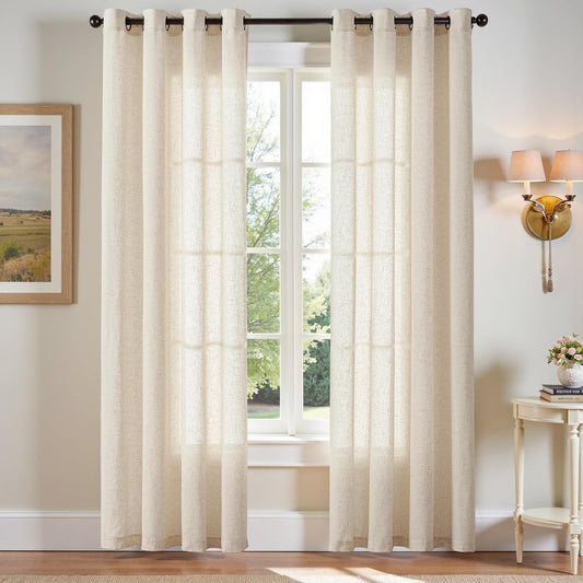 jinchan Linen Blend Semi Sheer Curtains 50W x 84L Inch Beige for Bedroom Curtains Light Weight Soft Window Grommet Drapes 2-Panel Set