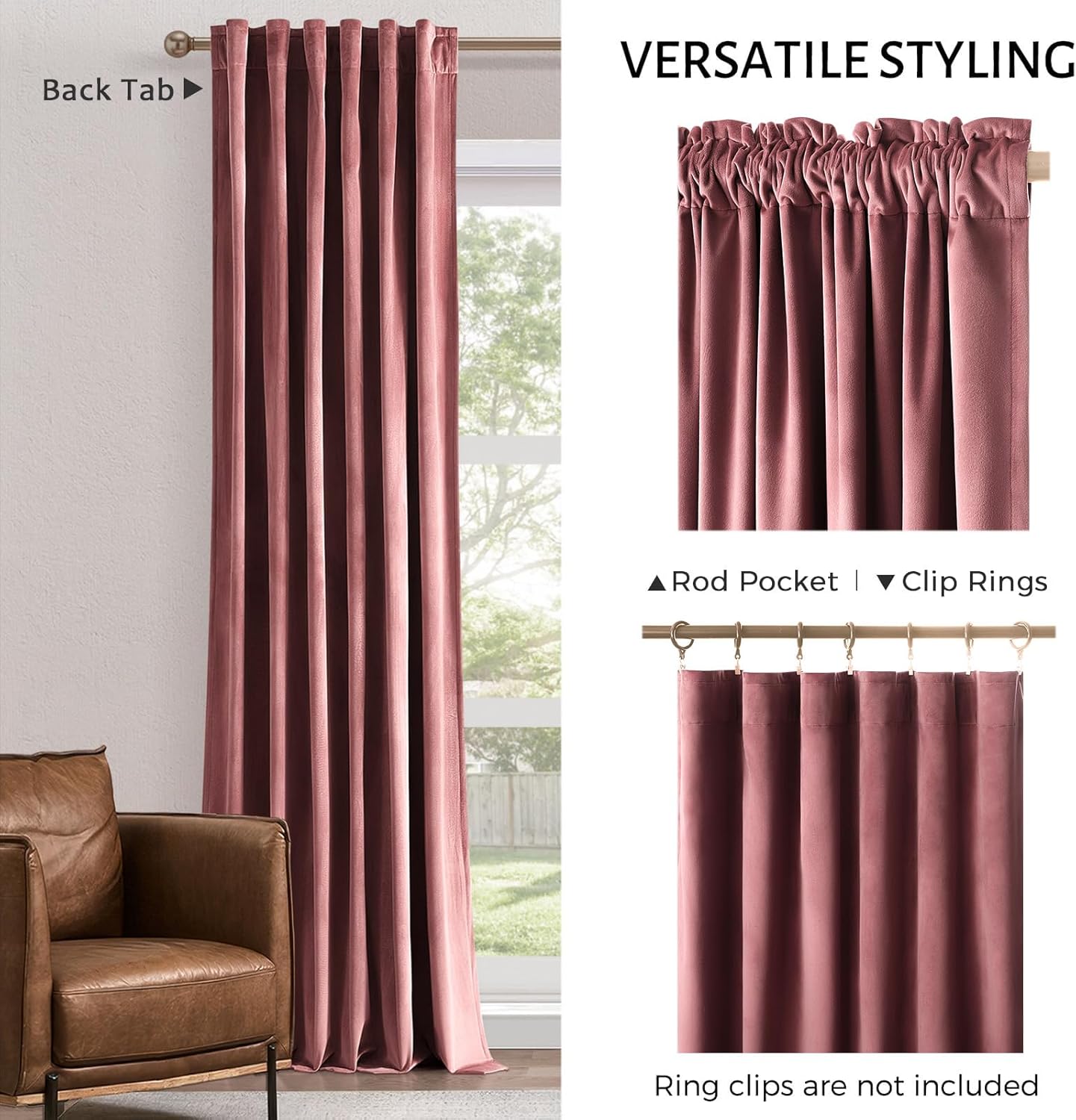 Topfinel 96 Inches Long Blush Velvet Curtains for Living Room,Rod Pocket Back Tab Clip Rings for Windows Solid Color Curtains,96 Length 2 Panel Sets(Malaya Garnet/Dusty Rose)