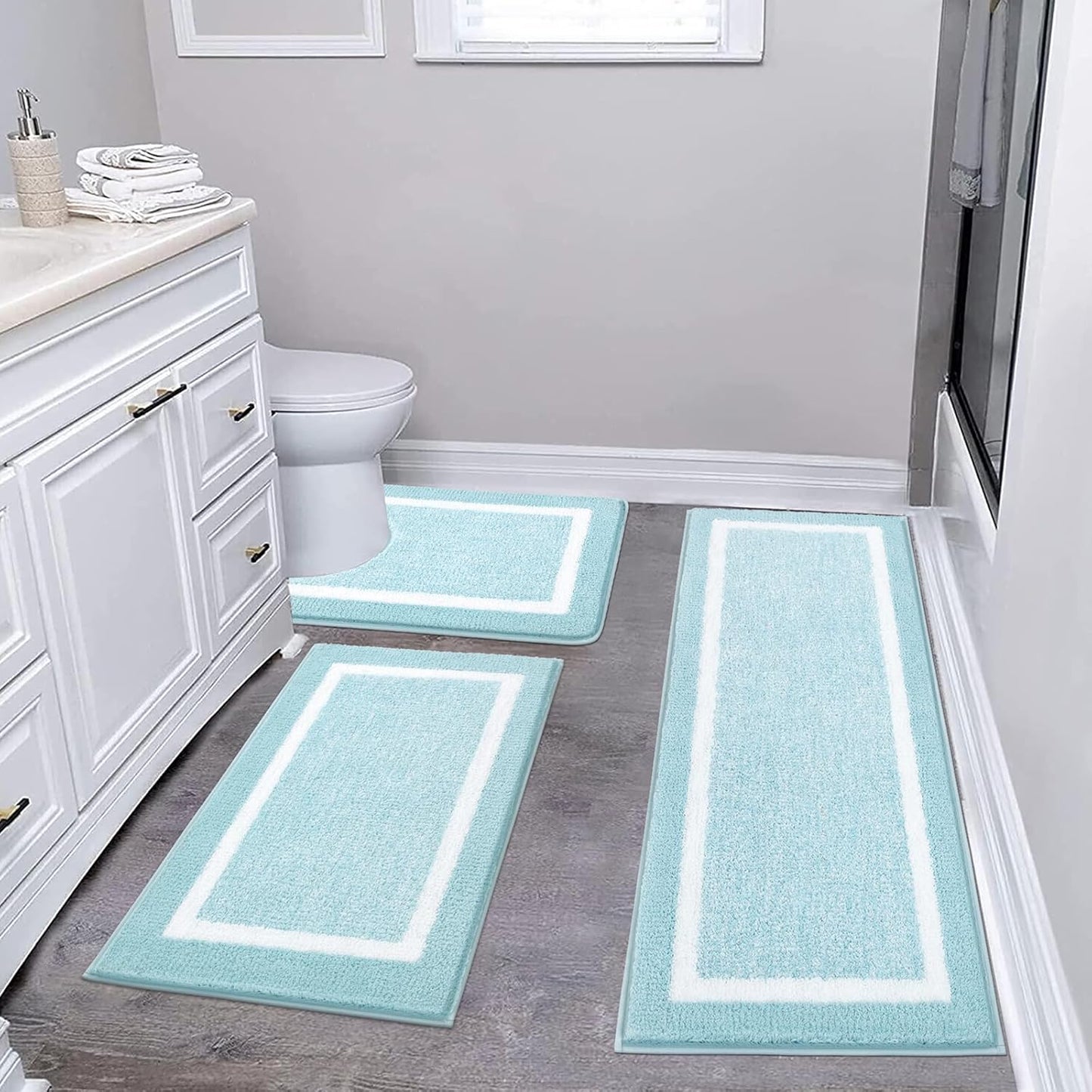 Pauwer Bathroom Rug Mat Set 3 Piece, Microfiber Shaggy Bath Set, Non-Slip Ultra Soft Carpet Mats, Absorbent with U-Shaped Toilet for Bathroom, Tub, Shower, Dark Grey