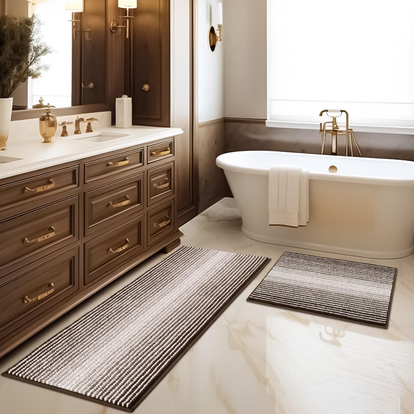 BSICPRO Bathroom Rugs and Mats Sets, 2 Piece Thick Absorbent Chenille Non Slip, Soft Shaggy Floor Mats, Machine Washable (20" x 47" Plus 16" x 24", Gray)