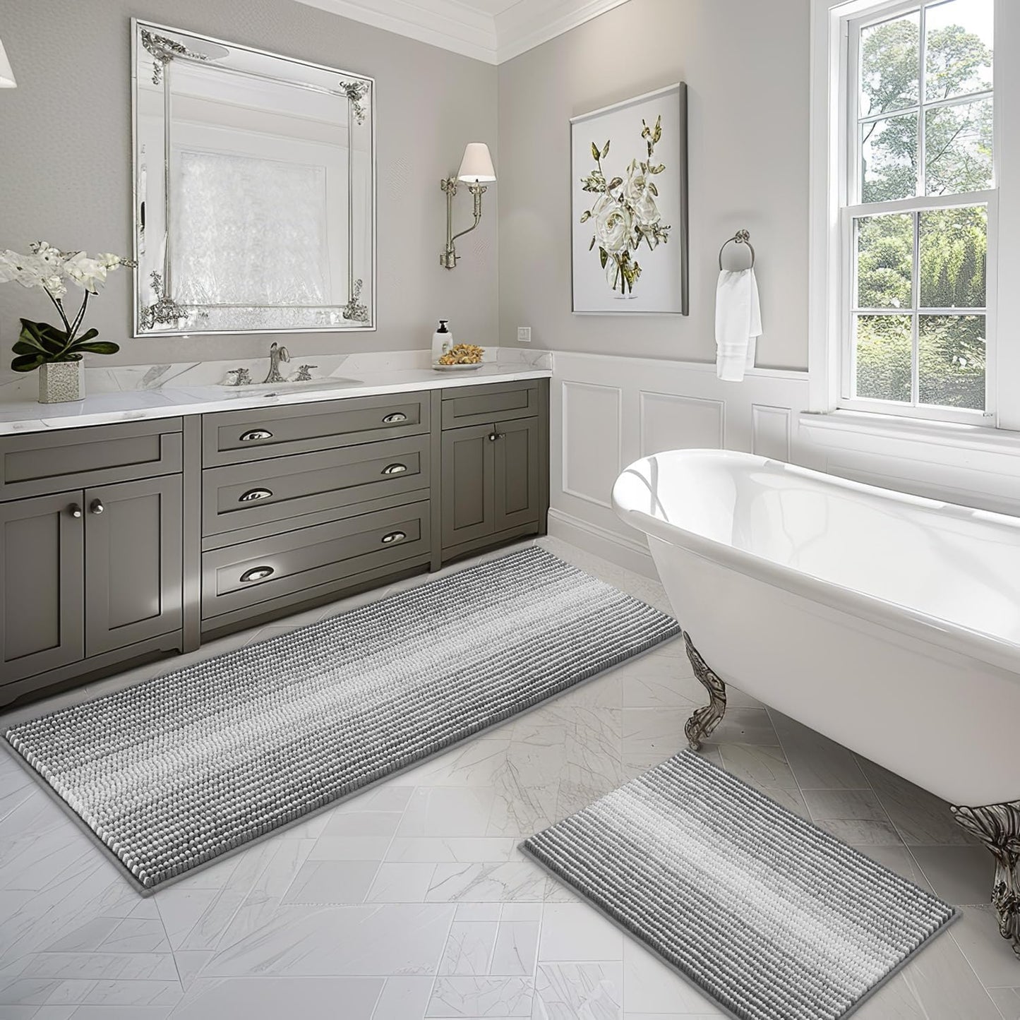 BSICPRO Bathroom Rugs and Mats Sets, 2 Piece Thick Absorbent Chenille Non Slip, Soft Shaggy Floor Mats, Machine Washable (20" x 47" Plus 16" x 24", Gray)