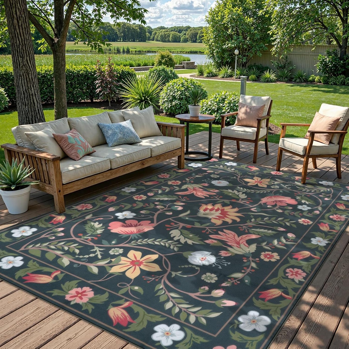 Uphome Indoor Outdoor Area Rug 6x9 ft, Large Floral Patio Rugs for RV Camping Outside, Washable Living Room Mat Non Slip, Breathable Floor Carpet for Bedroom Deck Porch Backyard, Black