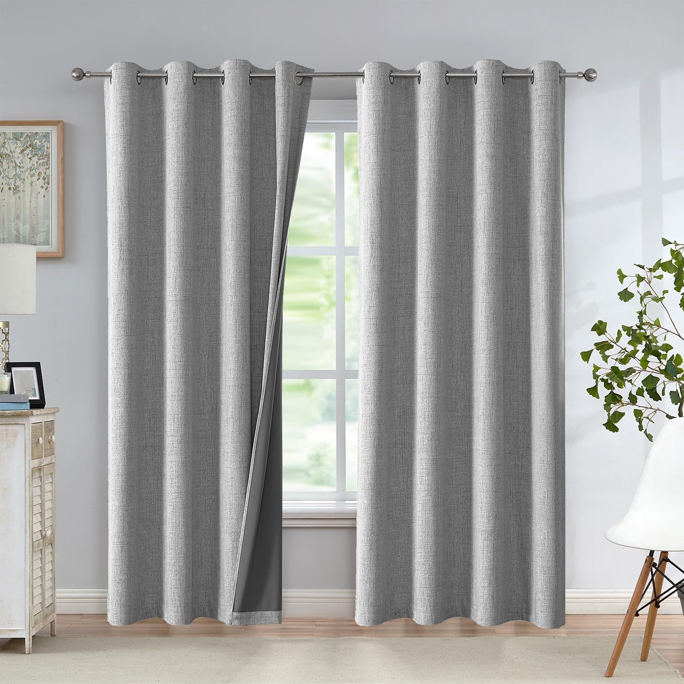 Urban Lotus Grey Linen Textured Full Blackout Curtain Panels 84 Inches Long Solid Color Room Darkening Thermal Inulated Drapes for Living Room/Bedroom Grommet Top Window Treatment, 52" W, 2 Panels