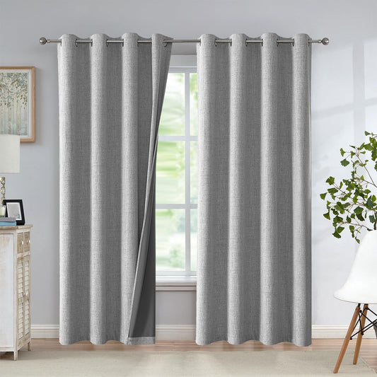 Urban Lotus Grey Linen Textured Full Blackout Curtain Panels 84 Inches Long Solid Color Room Darkening Thermal Inulated Drapes for Living Room/Bedroom Grommet Top Window Treatment, 52" W, 2 Panels