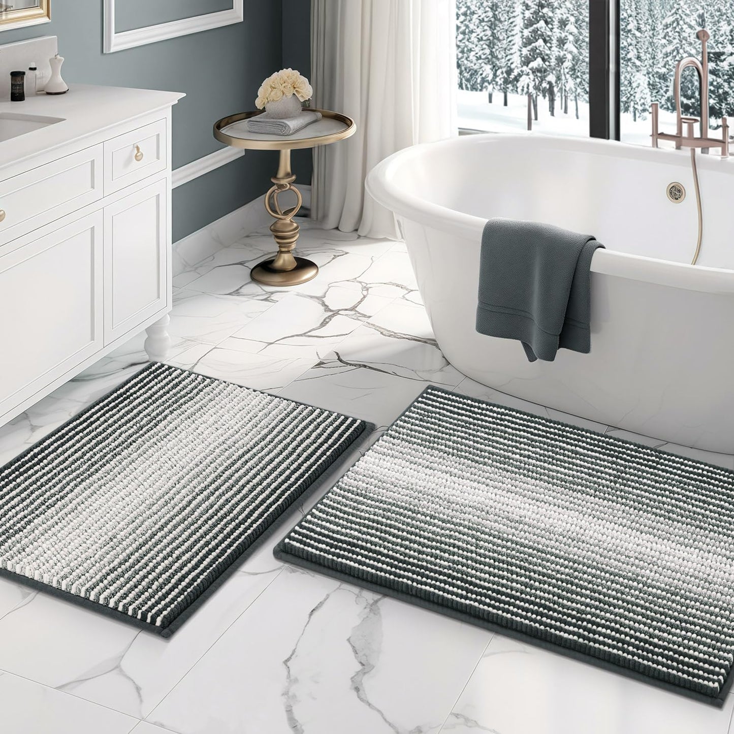 BSICPRO Bathroom Rugs and Mats Sets, 2 Piece Thick Absorbent Chenille Non Slip, Soft Shaggy Floor Mats, Machine Washable (20" x 47" Plus 16" x 24", Gray)