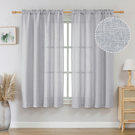 OVZME Light Grey Curtains 63 Inch Length 2 Panels, Faux Linen Textured Semi Light Filtering Drapes, Soft Airy Farmhouse Slub Window Curtains for Living Room Bedroom, Each 40x63 Inches