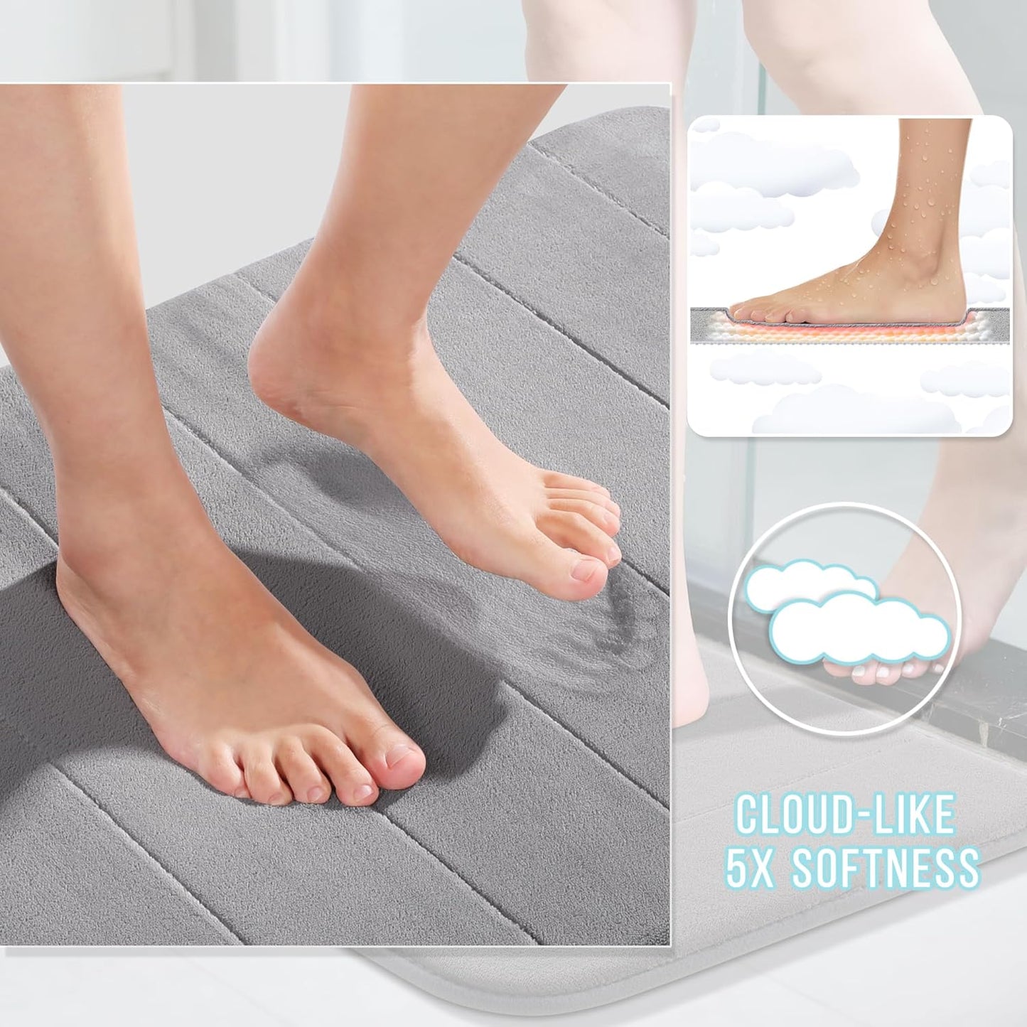 Yimobra Large Bath Mat Set 2 Piece- Super Soft Absorbent Quick Dry Memory Foam Bathroom Rugs, Machine Washable Non Slip Floor Carpet for Tub Shower & Double Vanity (17x24 & 44x24, Gray)