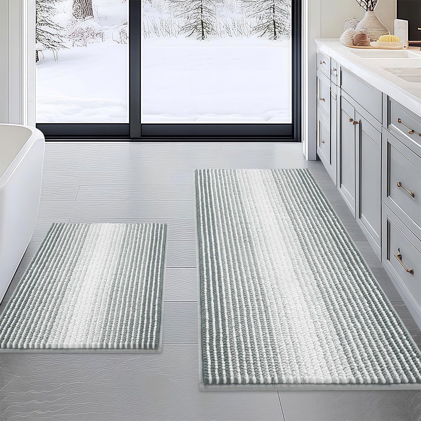 BSICPRO Bathroom Rugs and Mats Sets, 2 Piece Thick Absorbent Chenille Non Slip, Soft Shaggy Floor Mats, Machine Washable (20" x 47" Plus 16" x 24", Gray)