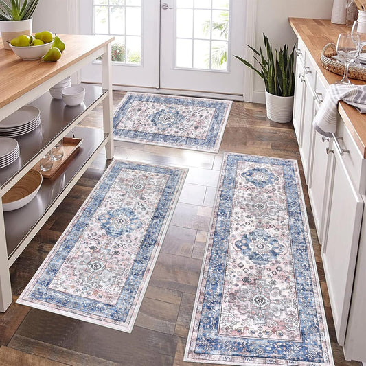 Pauwer Kitchen Mats for Floor 3 Piece Set Boho Non Slip Kitchen Rugs Washable Farmhouse Kitchen Floor Mats Thick Long Kitchen Throw Area Rug Carpet Runner for Hallway Entryway Laundry Bathroom, Blue