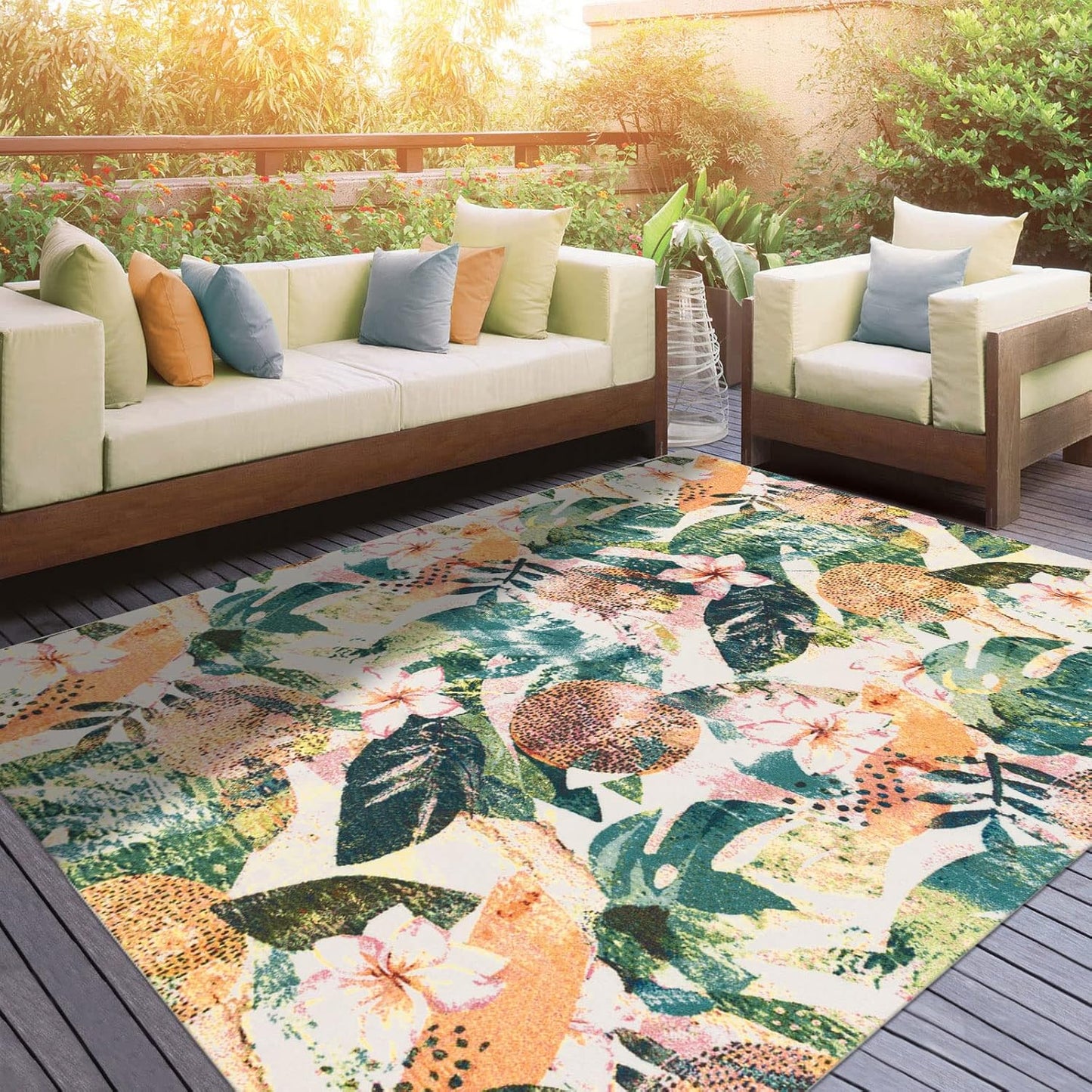 DECOMALL Outdoor Rugs for Patio Deck Porch Balcony Backyard, Green Blue Flower, 5'x7'