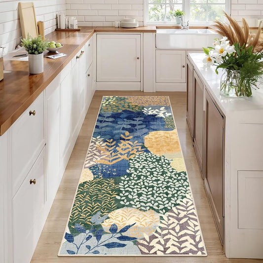 DEXDE Runner Rug 2x6 Washable Hallway Boho Soft Area Rugs Abstract Long Non Slip Botanical Leaves Floral Print Carpet for Entryway, Kitchen, Laundry, Bathroom, Bedroom,Blue