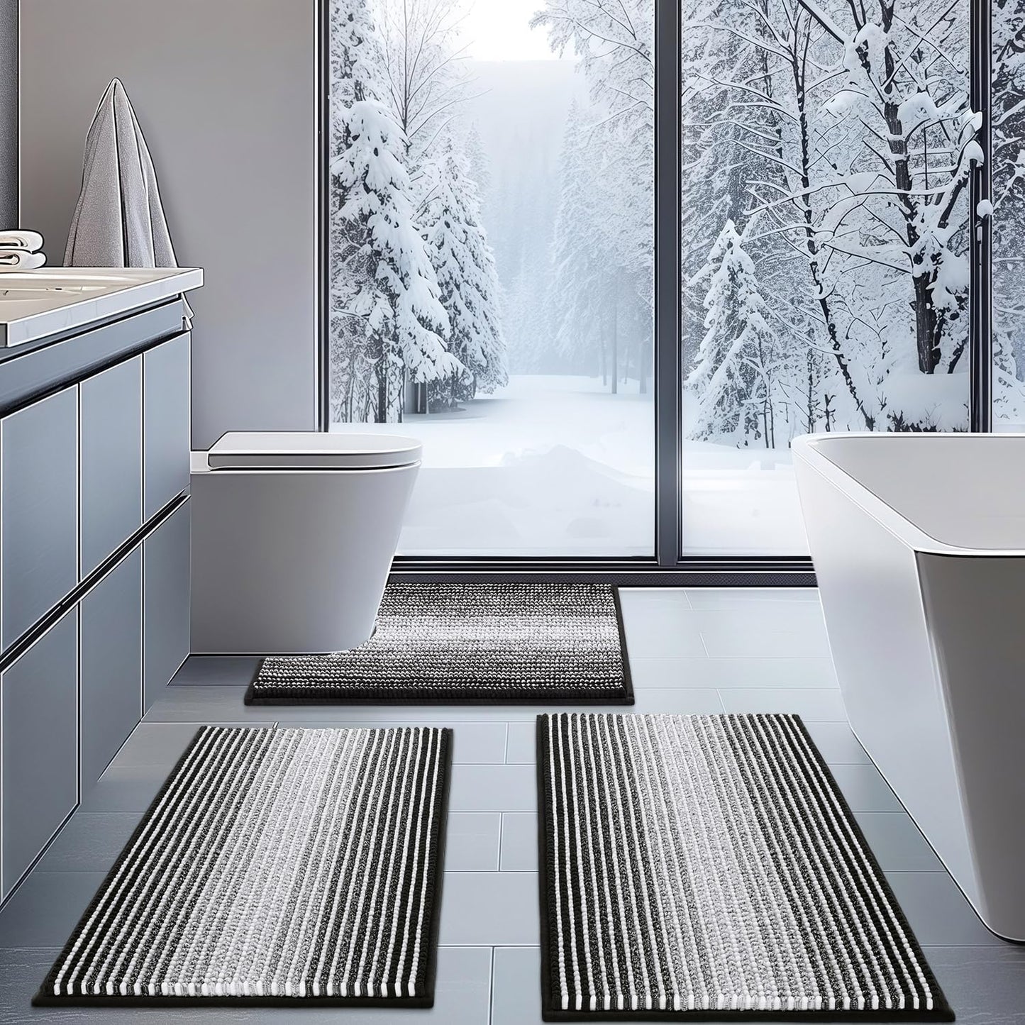 BSICPRO Bathroom Rugs Sets 3 Piece, Toilet Rugs U-Shaped Contour Bath Mat Set, Long Striped Absorbent Non Slip Chenille Shower Mat, Sage