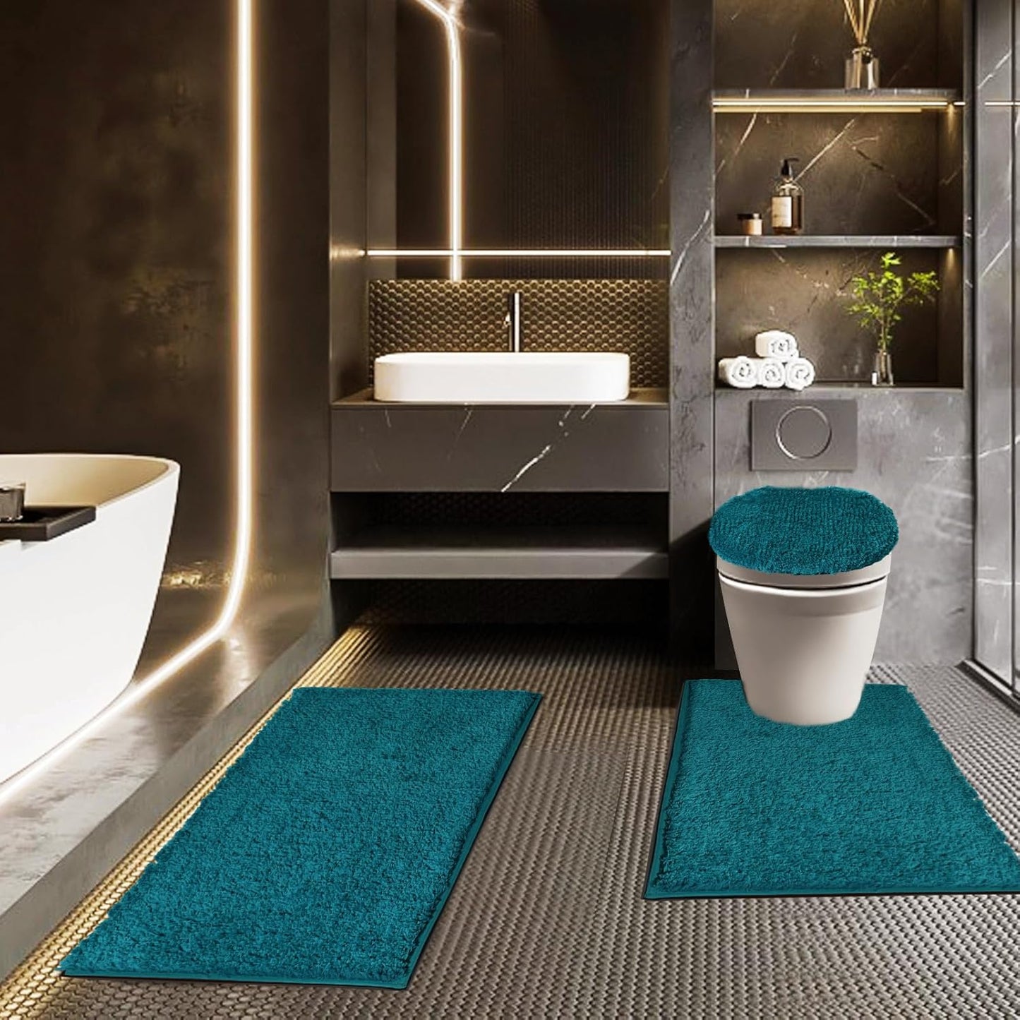 Bathroom Rugs Sets 3 Piece with Adjustable Toilet Seat Cover 17.5"x 15" Machine Washable Bath Rug Set with TPR Non Slip Rubber Backing Solid Bath Mat Set for Luxury Bathroom Decoration