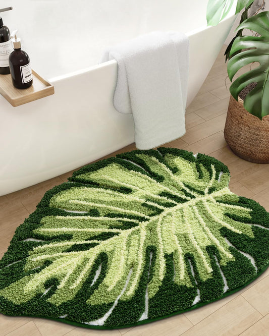 DEXI Leaf Bathroom Rugs Monstera, 23.5x31.5 Tropical Plant Shaped Bath Mat Green, Washable Shower Floor Bathmat Toilet Carpet Non Slip