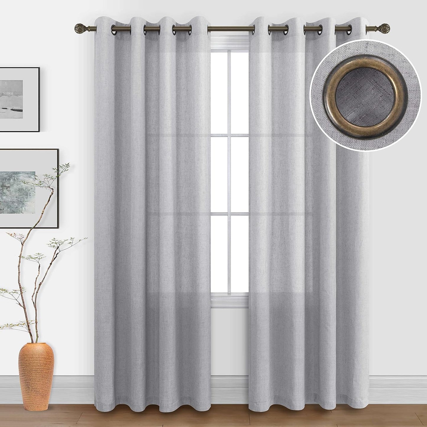 KOUFALL Beige Rustic Country Curtains for Living Room 84 Inches Long Flax Linen Bronze Grommet Tan Sand Color Solid Faux Linen Curtains for Bedroom Sliding Glass Patio Door 2 Panels