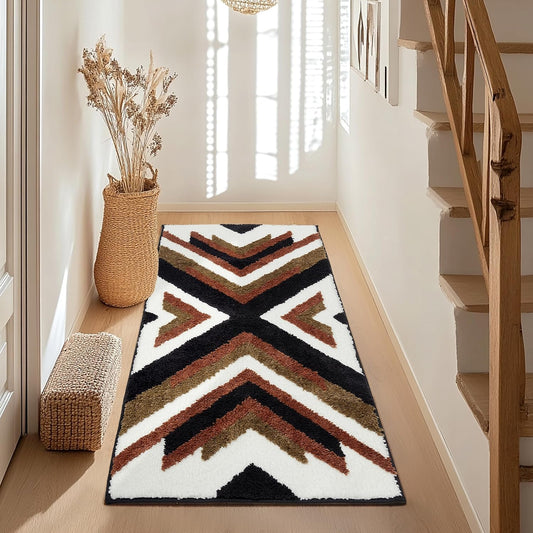 Boho Long Bathroom Rugs Runner Non Slip Washable Western Aztec Bath Mats Rugs for Bathroom Hallway Plush Soft Absorbent Farmhouse Carpet for Shower, Kitchen, 24x60 inch, WhiteBrown