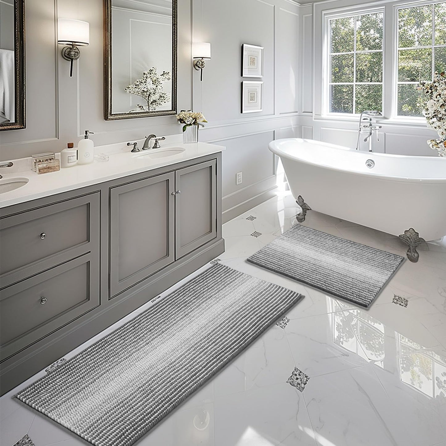 BSICPRO Bathroom Rugs and Mats Sets, 2 Piece Thick Absorbent Chenille Non Slip, Soft Shaggy Floor Mats, Machine Washable (20" x 47" Plus 16" x 24", Gray)