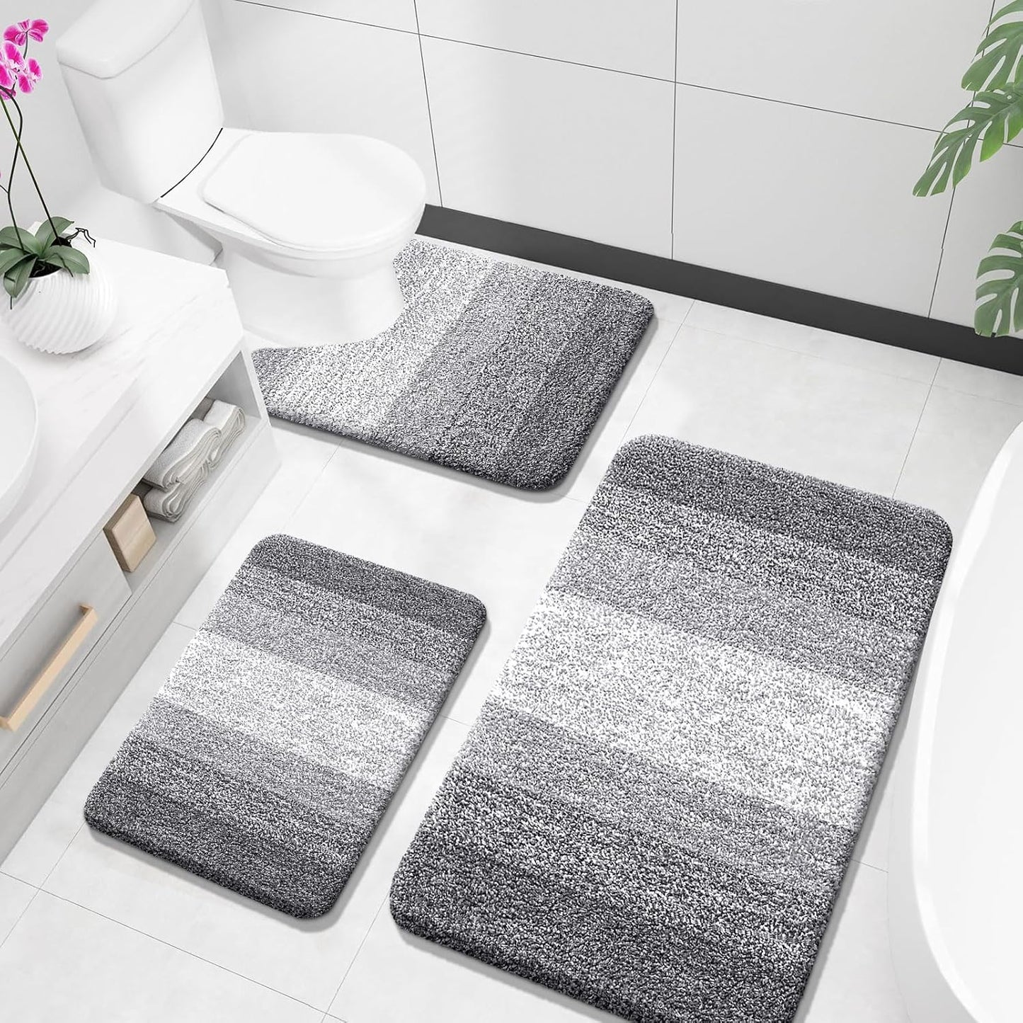 OLANLY Bathroom Rugs Sets 3 Piece, Soft Absorbent Microfiber Bath Mats and U-Shaped Contour Toilet Rug, Plush Shaggy Bath Mat Set for Bathroom (30"x20"+24"x16"+24"x20", Blackish Green)