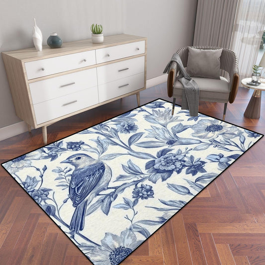 Spring Vintage Seamless Flowers Birds Blue White Area Rug Outdoor Patio Rug Play Mat Modern Floor Carpet Non-Slip Home Decor Living Room Kids Bedroom Nursery, 3x5 ft