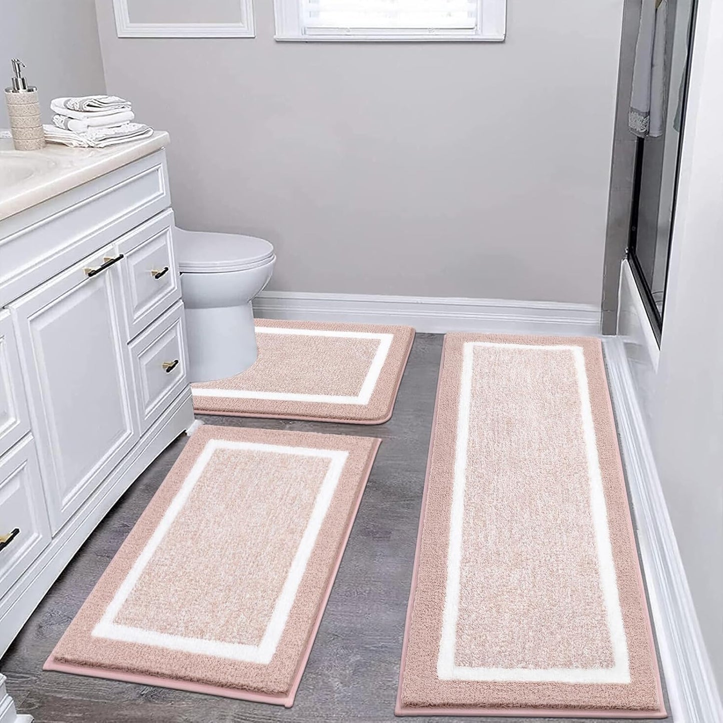 Pauwer Bathroom Rug Mat Set 3 Piece, Microfiber Shaggy Bath Set, Non-Slip Ultra Soft Carpet Mats, Absorbent with U-Shaped Toilet for Bathroom, Tub, Shower, Dark Grey