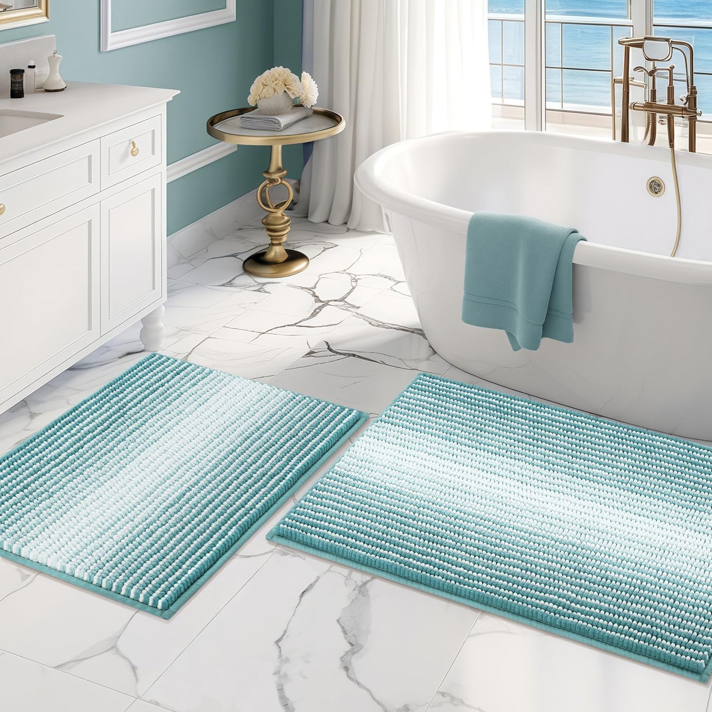 BSICPRO Bathroom Rugs and Mats Sets, 2 Piece Thick Absorbent Chenille Non Slip, Soft Shaggy Floor Mats, Machine Washable (20" x 47" Plus 16" x 24", Gray)