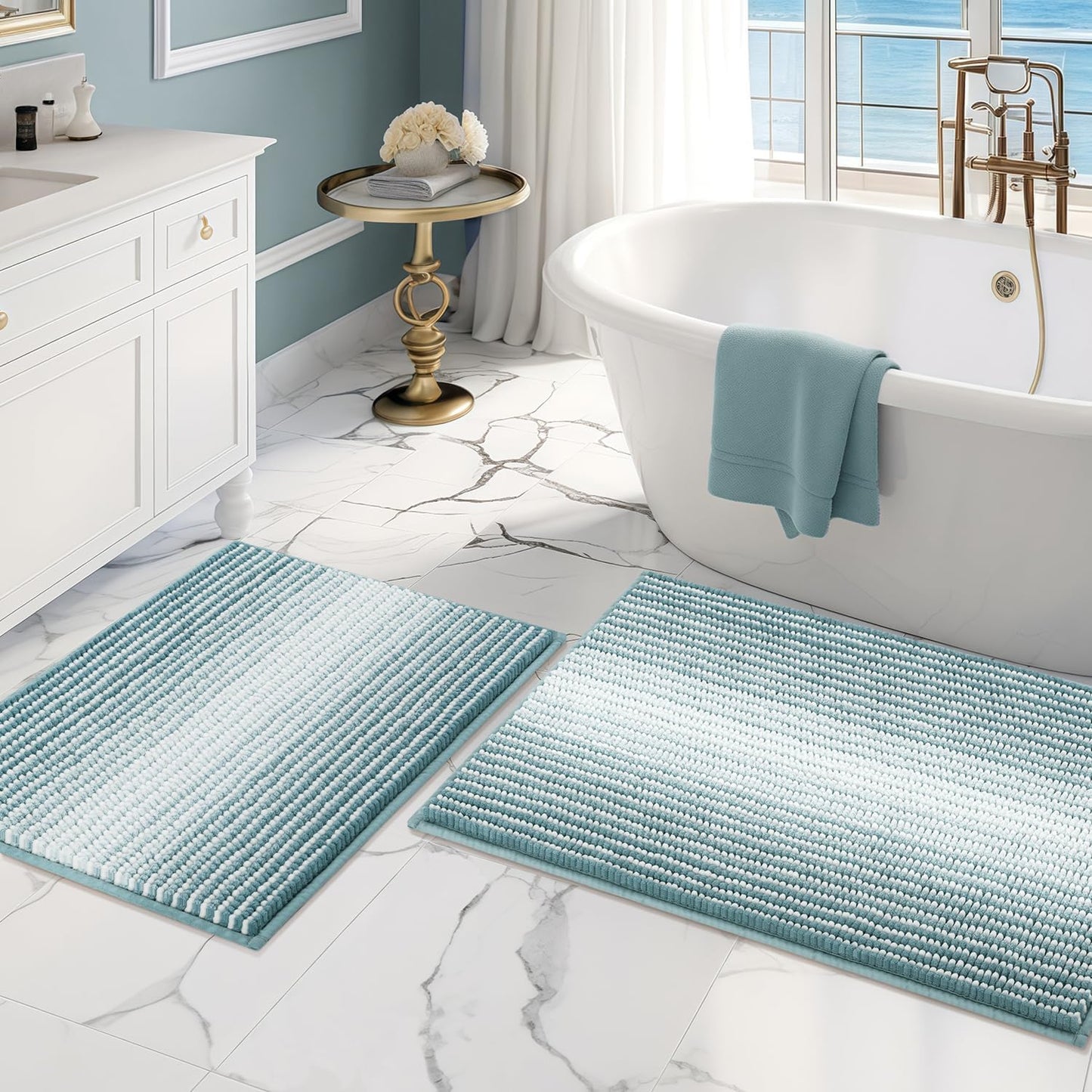 BSICPRO Bathroom Rugs and Mats Sets, 2 Piece Thick Absorbent Chenille Non Slip, Soft Shaggy Floor Mats, Machine Washable (20" x 47" Plus 16" x 24", Gray)