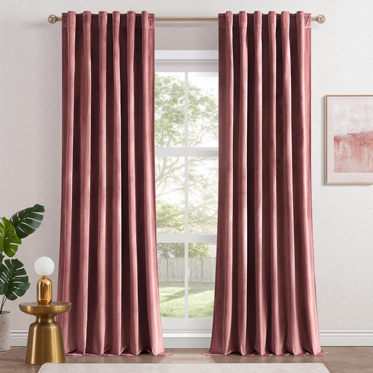 Topfinel 96 Inches Long Blush Velvet Curtains for Living Room,Rod Pocket Back Tab Clip Rings for Windows Solid Color Curtains,96 Length 2 Panel Sets(Malaya Garnet/Dusty Rose)