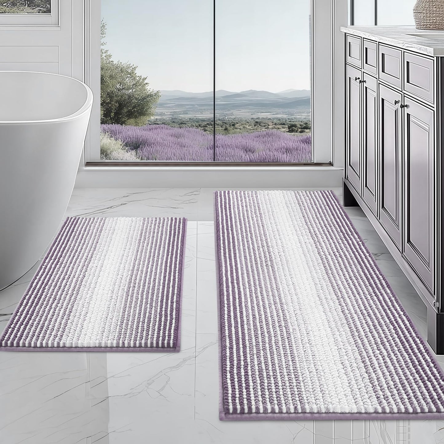 BSICPRO Bathroom Rugs and Mats Sets, 2 Piece Thick Absorbent Chenille Non Slip, Soft Shaggy Floor Mats, Machine Washable (20" x 47" Plus 16" x 24", Gray)