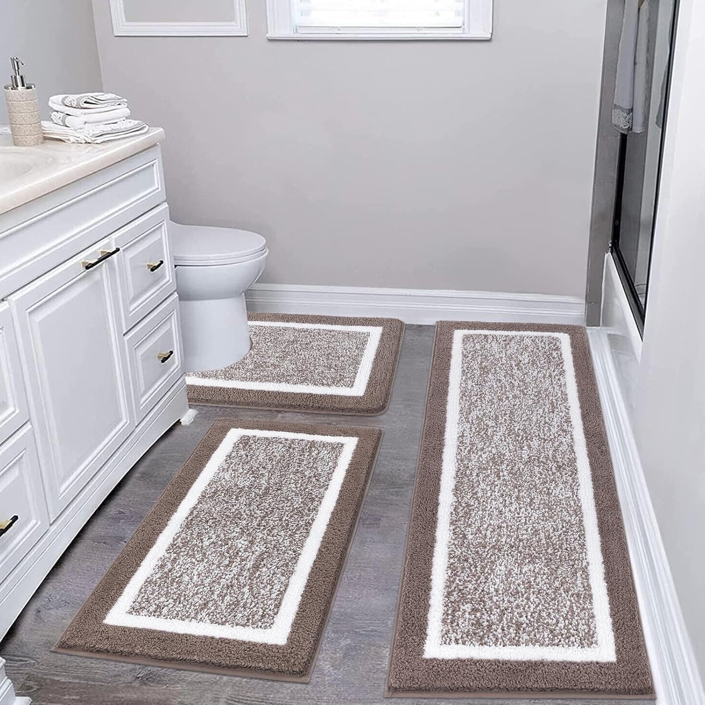 Pauwer Bathroom Rug Mat Set 3 Piece, Microfiber Shaggy Bath Set, Non-Slip Ultra Soft Carpet Mats, Absorbent with U-Shaped Toilet for Bathroom, Tub, Shower, Dark Grey