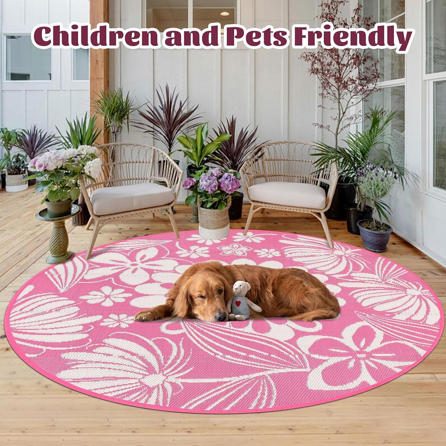 Ileading Round Outdoor Plastic Straw Rug 6ft Funny Floral Style Reversible Patio Area Rugs Waterproof Non Shedding Portable Carpets for Rv Outside Deck Pool Beach Picnic Camping (Pink)