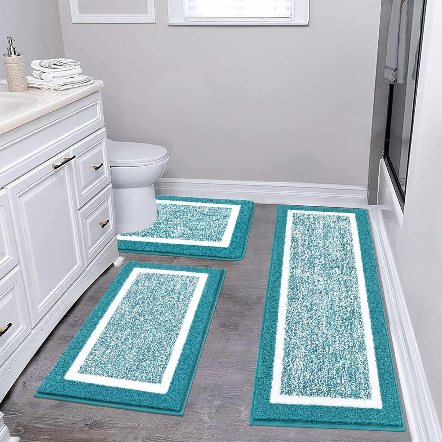 Pauwer Bathroom Rug Mat Set 3 Piece, Microfiber Shaggy Bath Set, Non-Slip Ultra Soft Carpet Mats, Absorbent with U-Shaped Toilet for Bathroom, Tub, Shower, Dark Grey