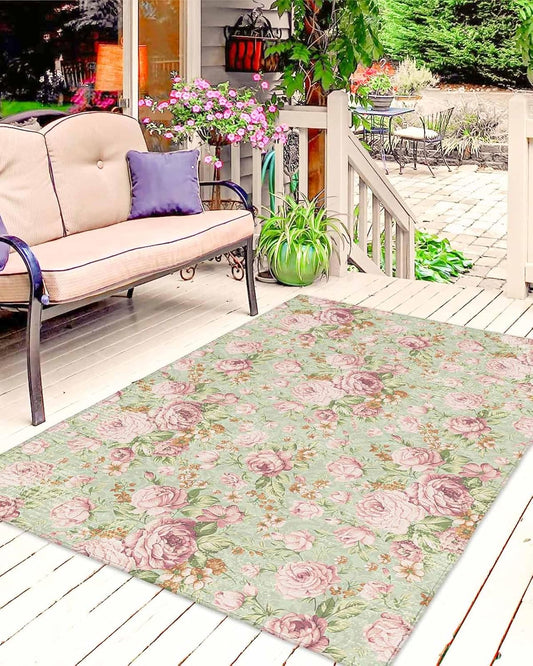 Outdoor Rugs for Patios, Pink Teal Spring Floral Non-Slip Outside Carpet for Camping, Vintage Summer Botanical Flowers Area Rugs Decor Indoor Outdoor Mats for Porch Picnic 4 x 6 ft