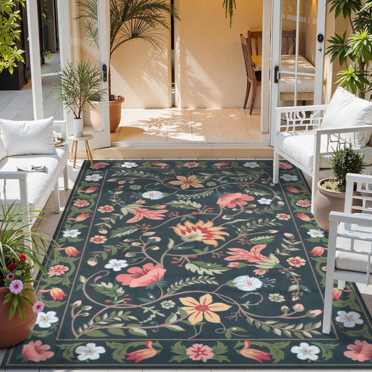 Uphome Indoor Outdoor Area Rug 6x9 ft, Large Floral Patio Rugs for RV Camping Outside, Washable Living Room Mat Non Slip, Breathable Floor Carpet for Bedroom Deck Porch Backyard, Black