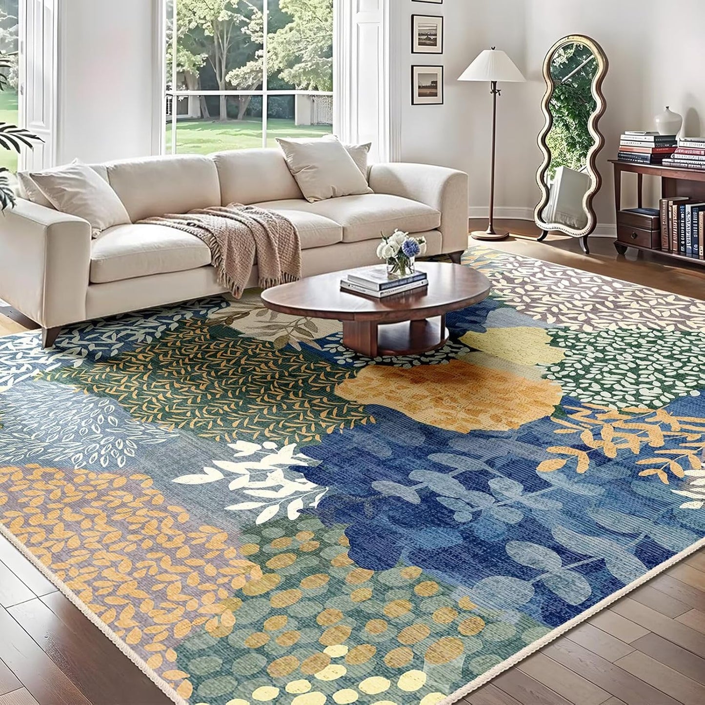 DEXDE Runner Rug 2x6 Washable Hallway Boho Soft Area Rugs Abstract Long Non Slip Botanical Leaves Floral Print Carpet for Entryway, Kitchen, Laundry, Bathroom, Bedroom,Blue