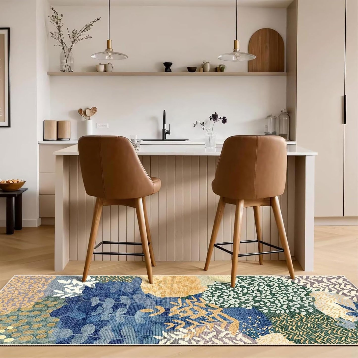 DEXDE Runner Rug 2x6 Washable Hallway Boho Soft Area Rugs Abstract Long Non Slip Botanical Leaves Floral Print Carpet for Entryway, Kitchen, Laundry, Bathroom, Bedroom,Blue