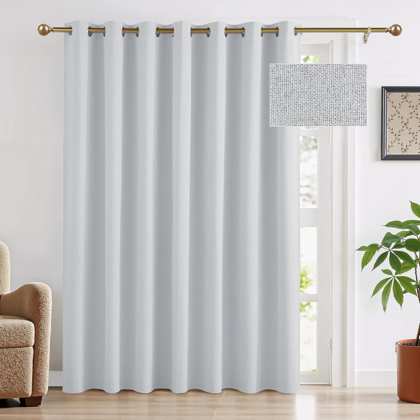RYB HOME 100% Blackout Linen Curtains for Sliding Glass Doors, Extra Wide Thermal Insulated Privacy Curtains for Bedroom/Patio Door/Living Room/Open Closet, Room Divider, Linen, W100xL84, 1 Panel