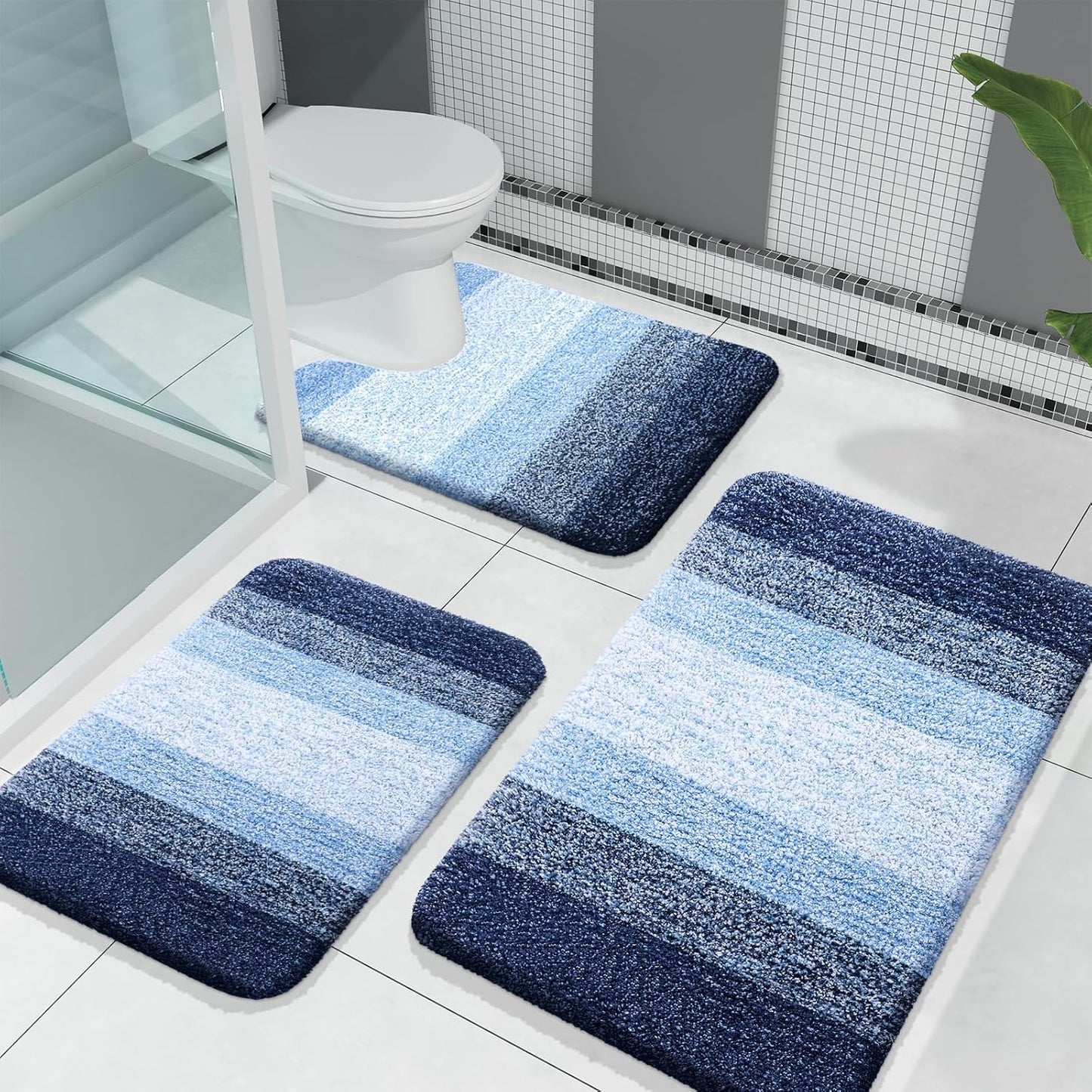OLANLY Bathroom Rugs Sets 3 Piece, Soft Absorbent Microfiber Bath Mats and U-Shaped Contour Toilet Rug, Plush Shaggy Bath Mat Set for Bathroom (30"x20"+24"x16"+24"x20", Blackish Green)