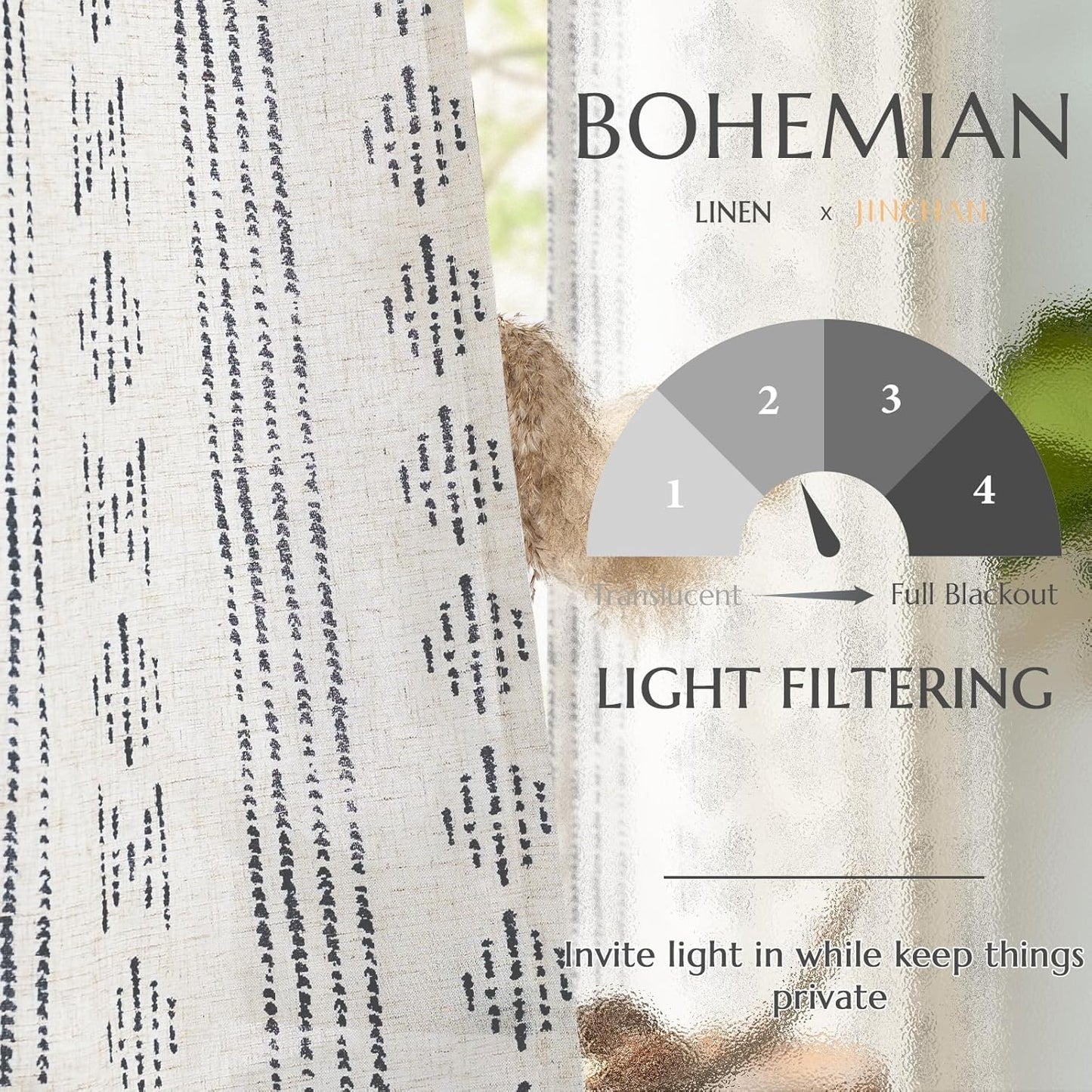 jinchan Boho Curtains for Living Room Farmhouse Black Curtains 84 Inch Length 2 Panels for Bedroom Geometric Striped Mudcloth Light Filtering Window Drapes Rod Pocket Black on Beige