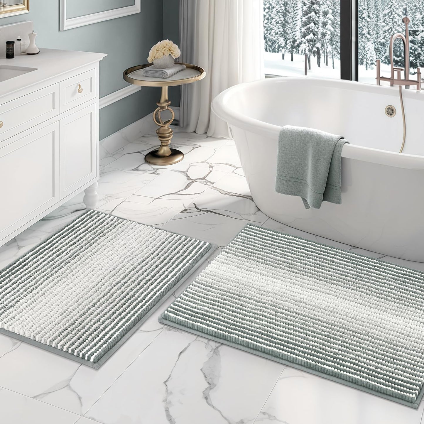 BSICPRO Bathroom Rugs and Mats Sets, 2 Piece Thick Absorbent Chenille Non Slip, Soft Shaggy Floor Mats, Machine Washable (20" x 47" Plus 16" x 24", Gray)