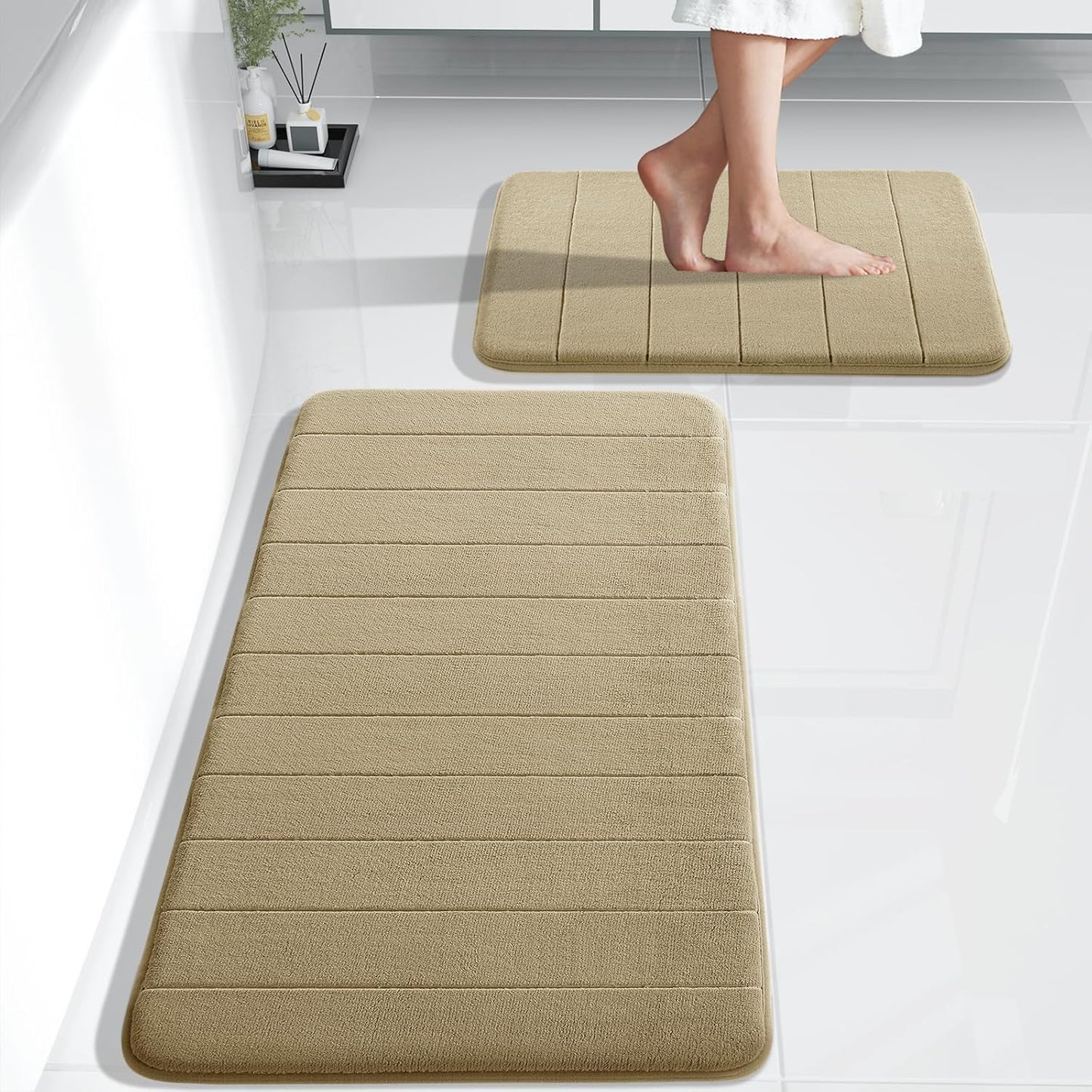 Yimobra Large Bath Mat Set 2 Piece- Super Soft Absorbent Quick Dry Memory Foam Bathroom Rugs, Machine Washable Non Slip Floor Carpet for Tub Shower & Double Vanity (17x24 & 44x24, Gray)