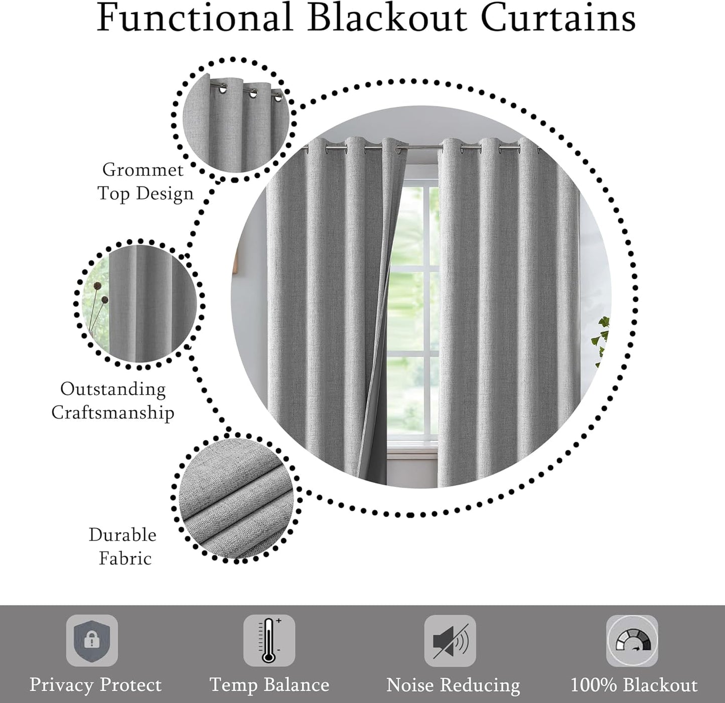 Urban Lotus Grey Linen Textured Full Blackout Curtain Panels 84 Inches Long Solid Color Room Darkening Thermal Inulated Drapes for Living Room/Bedroom Grommet Top Window Treatment, 52" W, 2 Panels