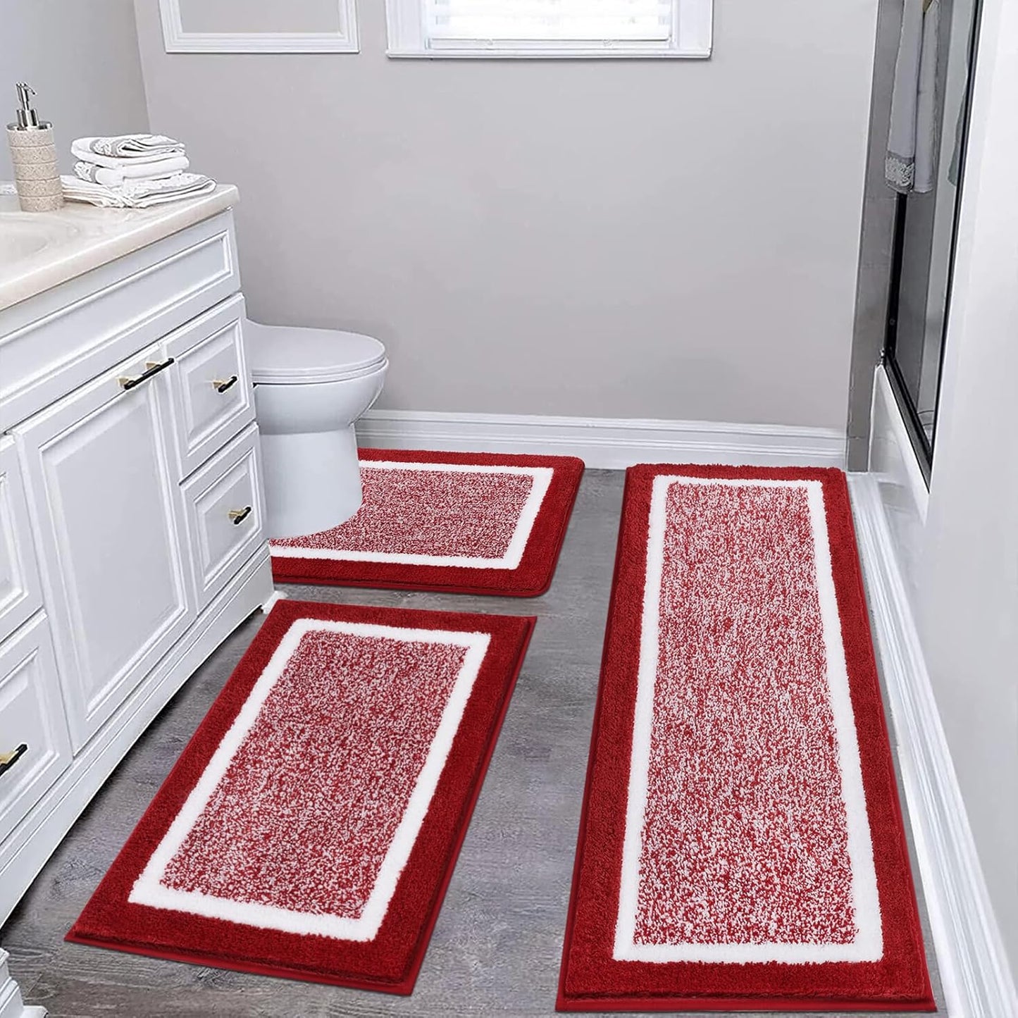 Pauwer Bathroom Rug Mat Set 3 Piece, Microfiber Shaggy Bath Set, Non-Slip Ultra Soft Carpet Mats, Absorbent with U-Shaped Toilet for Bathroom, Tub, Shower, Dark Grey
