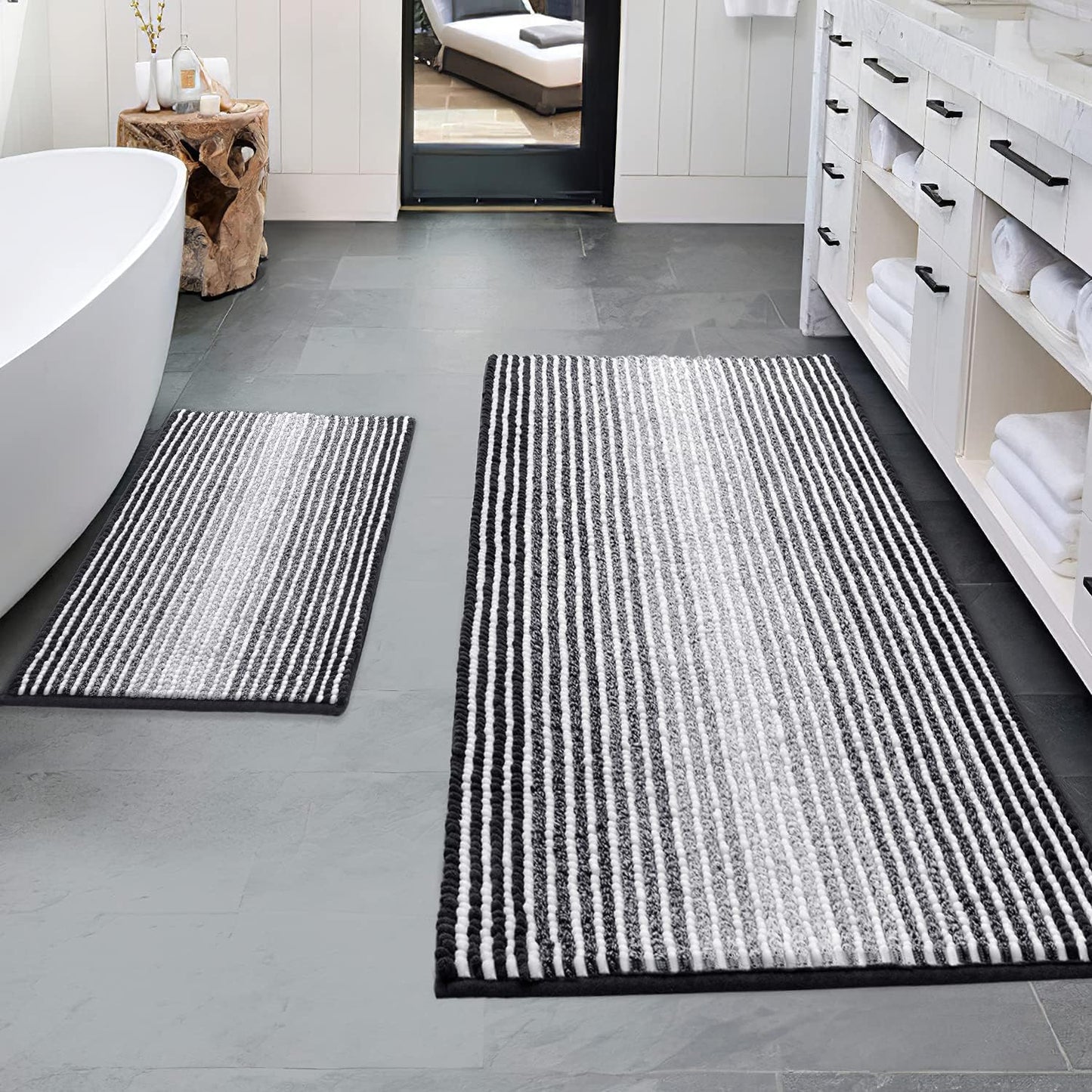 BSICPRO Bathroom Rugs and Mats Sets, 2 Piece Thick Absorbent Chenille Non Slip, Soft Shaggy Floor Mats, Machine Washable (20" x 47" Plus 16" x 24", Gray)