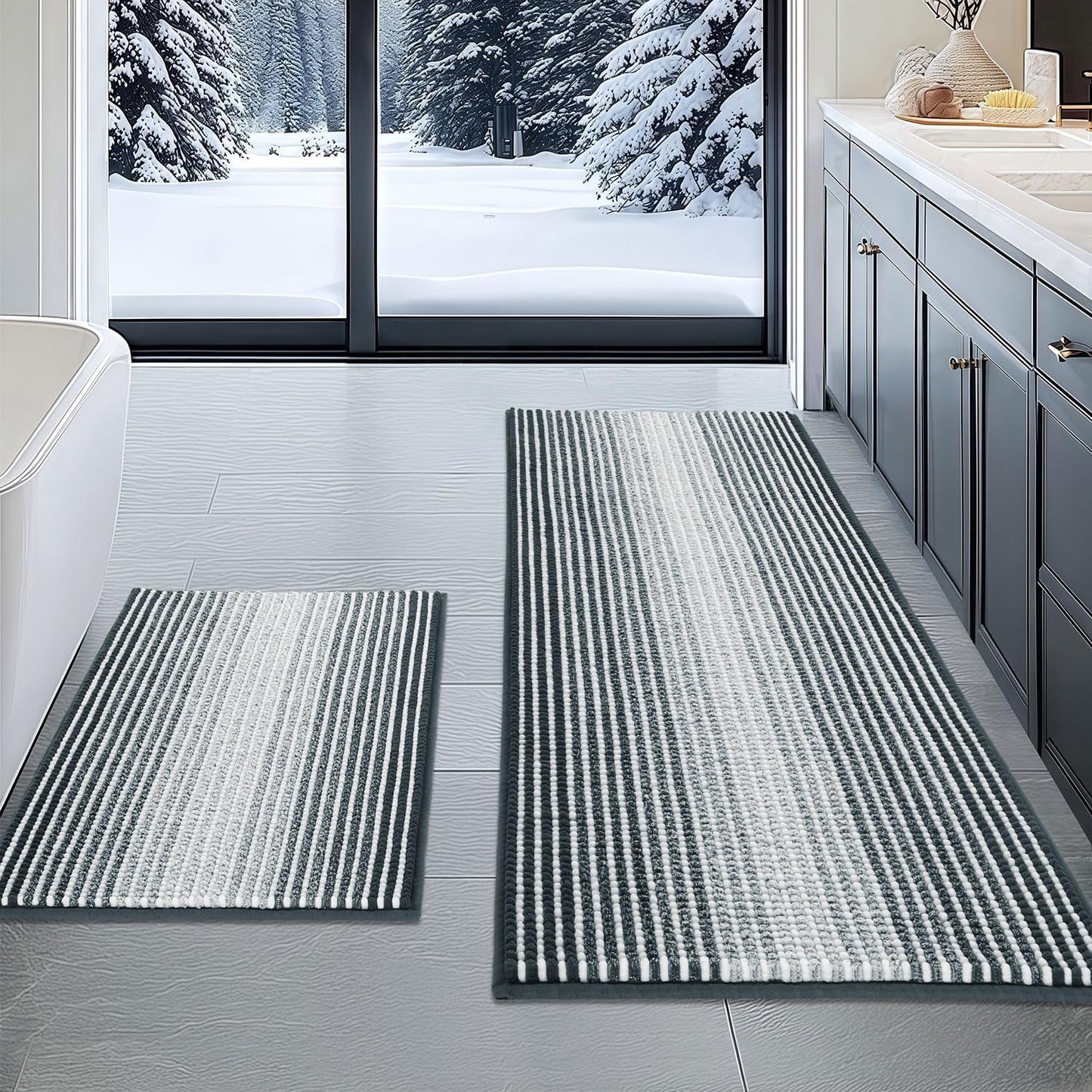 BSICPRO Bathroom Rugs and Mats Sets, 2 Piece Thick Absorbent Chenille Non Slip, Soft Shaggy Floor Mats, Machine Washable (20" x 47" Plus 16" x 24", Gray)