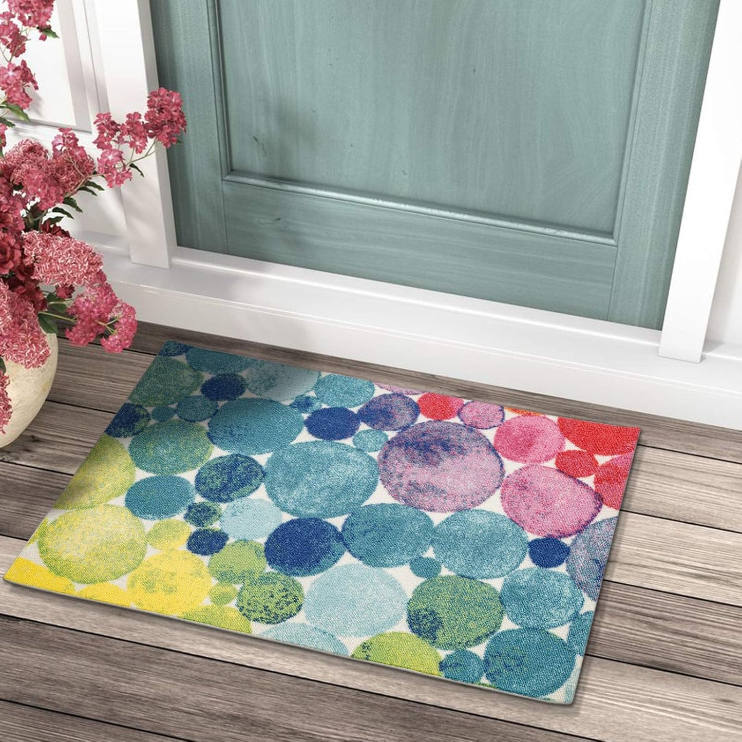 DECOMALL Outdoor Rugs for Patio Deck Porch Balcony Backyard, Green Blue Flower, 5'x7'
