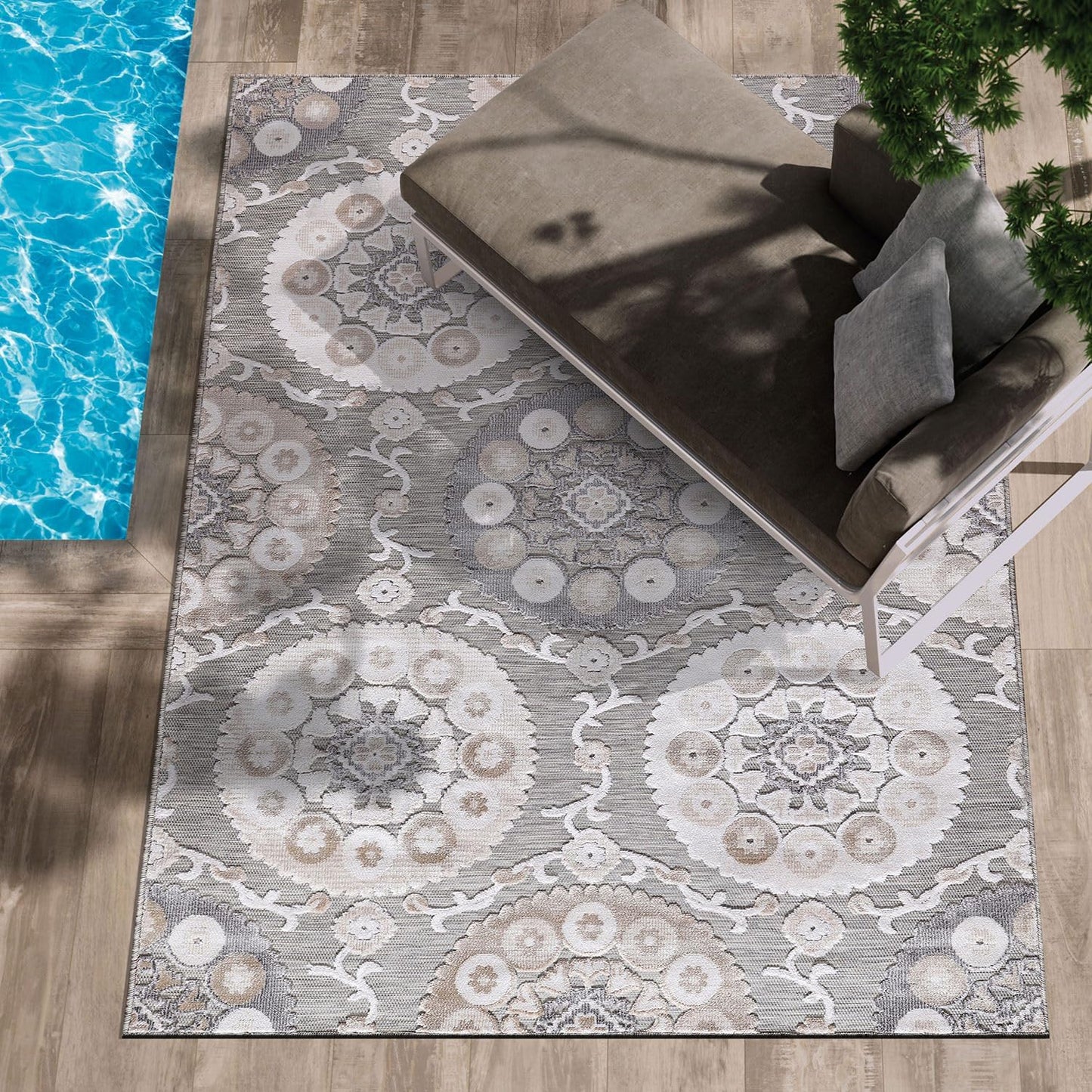 CAMILSON Indoor Outdoor Rug 8x10 Bohemian Medallion Floral Area Rugs for Indoor and Outdoor Patios Easy-Cleaning Non-Shedding Living Room Garden and Kitchen Washable Outside Carpet (8 x 10 / Beige)