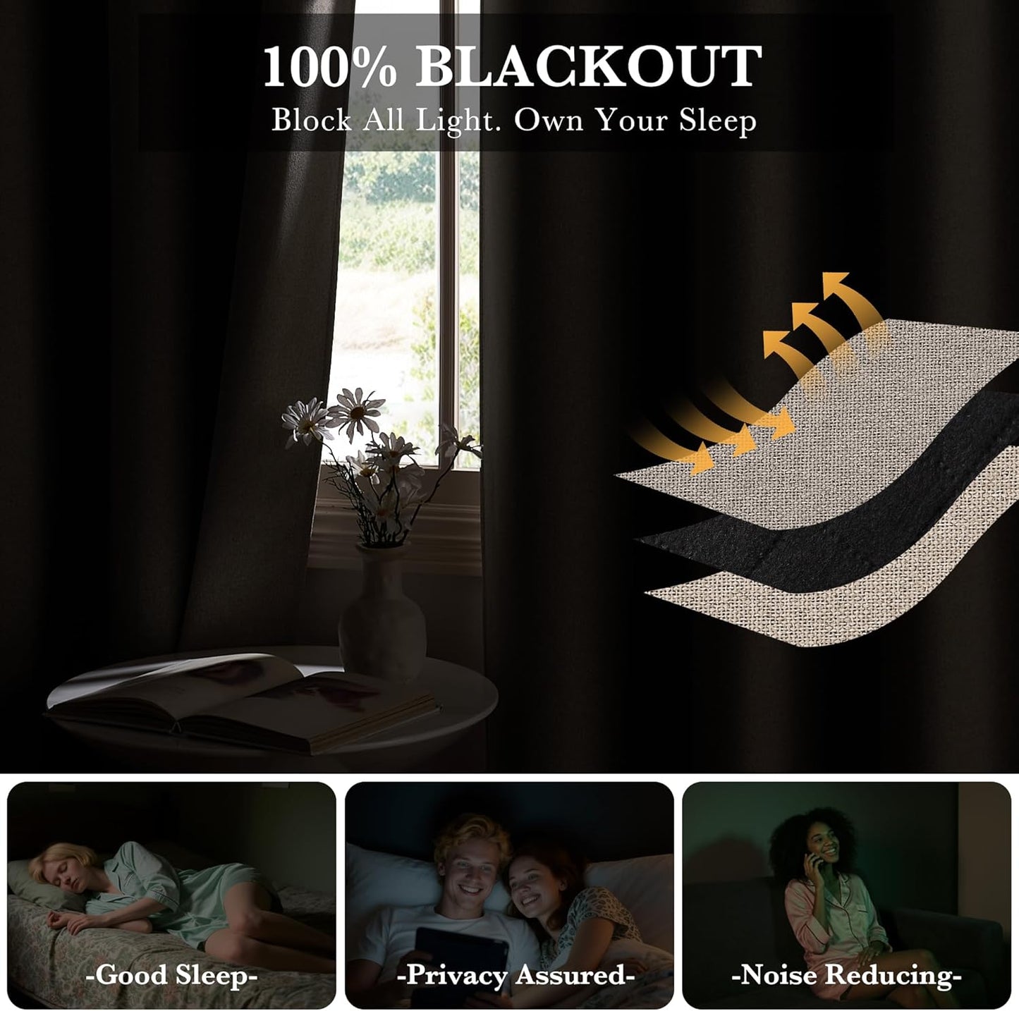 RYB HOME 100% Blackout Linen Curtains for Sliding Glass Doors, Extra Wide Thermal Insulated Privacy Curtains for Bedroom/Patio Door/Living Room/Open Closet, Room Divider, Linen, W100xL84, 1 Panel