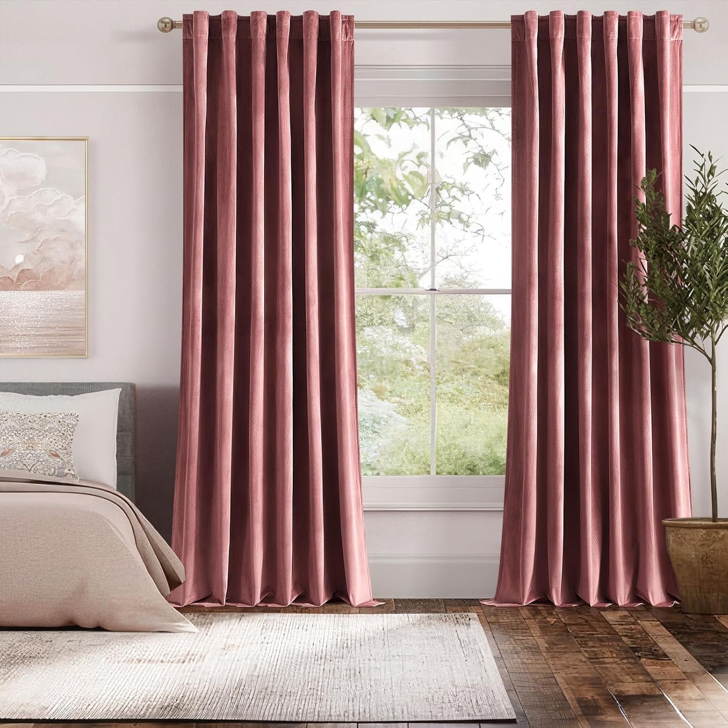 Topfinel 96 Inches Long Blush Velvet Curtains for Living Room,Rod Pocket Back Tab Clip Rings for Windows Solid Color Curtains,96 Length 2 Panel Sets(Malaya Garnet/Dusty Rose)