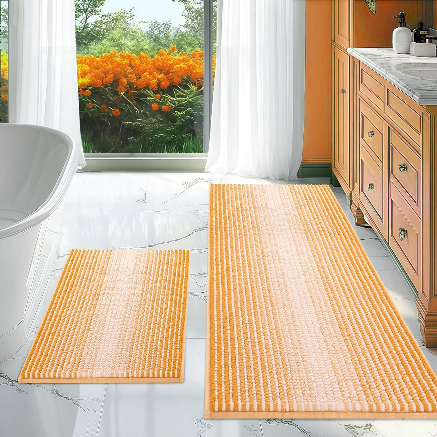 BSICPRO Bathroom Rugs and Mats Sets, 2 Piece Thick Absorbent Chenille Non Slip, Soft Shaggy Floor Mats, Machine Washable (20" x 47" Plus 16" x 24", Gray)